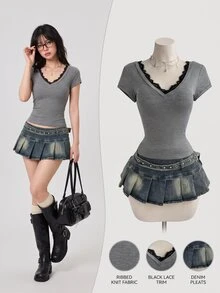 Elamini Casual Lace Patchwork Deep V-Neck Grey Slim Fit Short Sleeve T-Shirt, Spring/Summer Lace Undershirt Layering - Multicolor - View 3