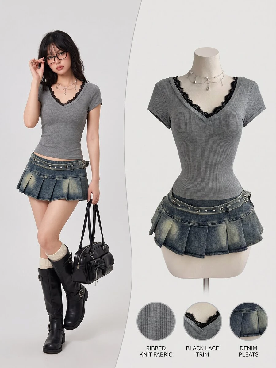 Elamini Casual Lace Patchwork Deep V-Neck Grey Slim Fit Short Sleeve T-Shirt, Spring/Summer Lace Undershirt Layering - Multicolor - View 1