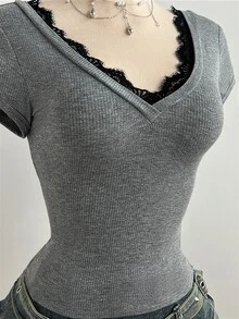 Elamini Casual Lace Patchwork Deep V-Neck Grey Slim Fit Short Sleeve T-Shirt, Spring/Summer Lace Undershirt Layering - Multicolor - View 6