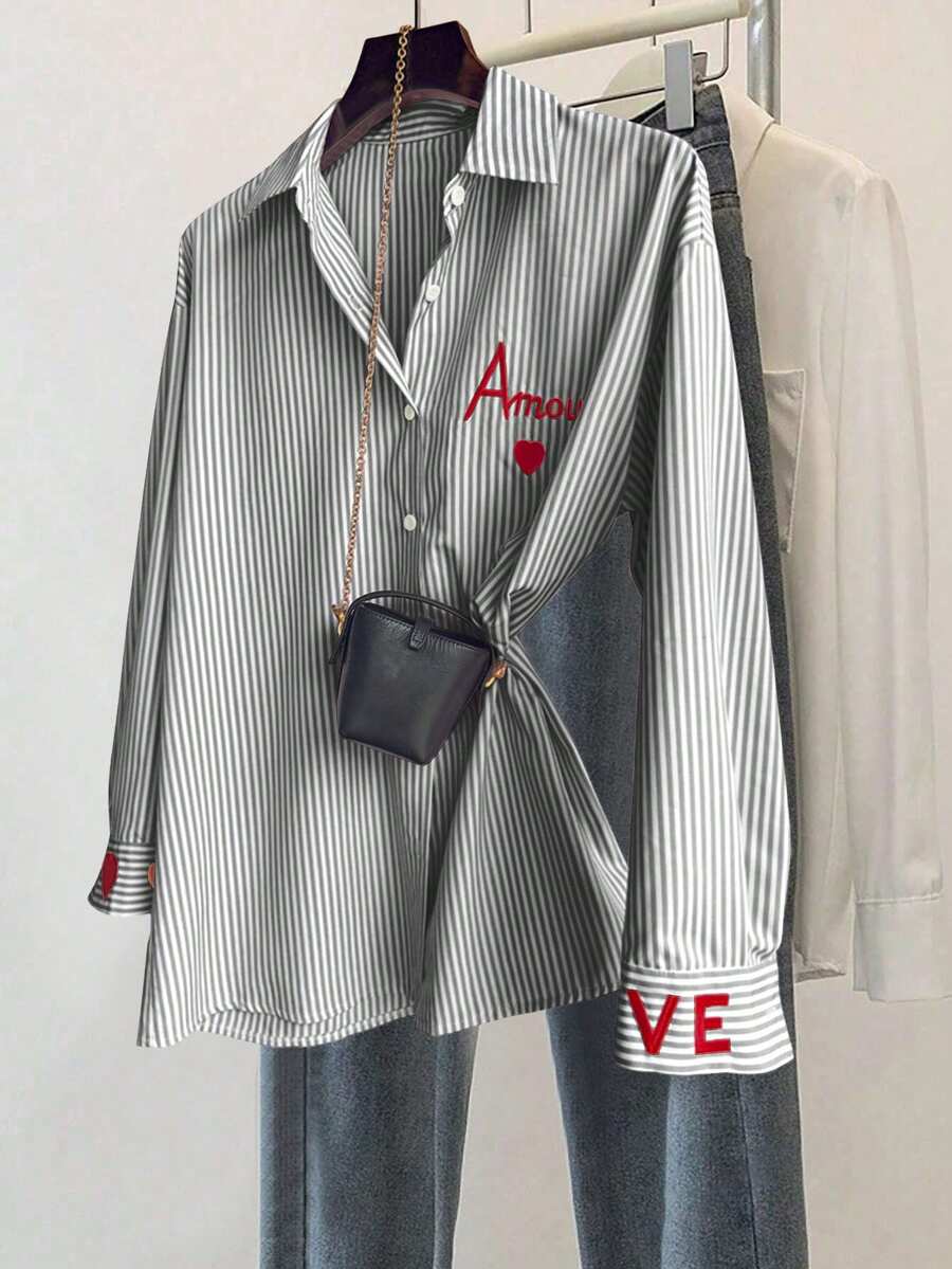 Calvaya Classic Striped Long Sleeve Shirt, Delicate Embroidered Pattern, Loose & Comfortable Fit - Black and White - View 1