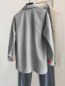 Calvaya Classic Striped Long Sleeve Shirt, Delicate Embroidered Pattern, Loose & Comfortable Fit - Black and White - View 2