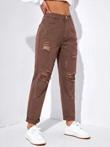 SHEIN EZwear Women's Casual Daily Wear Denim Jeans With Pocket, Button And Distressed Design - Coffee Brown - View 3