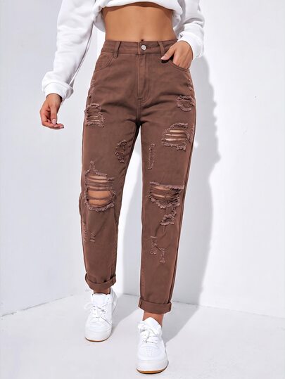 SHEIN EZwear Women's Casual Daily Wear Denim Jeans With Pocket, Button And Distressed Design
