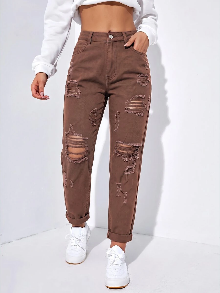 SHEIN EZwear Women's Casual Daily Wear Denim Jeans With Pocket, Button And Distressed Design - Coffee Brown - View 1