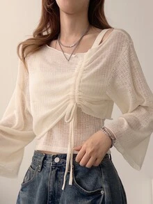 DAZY Women's Solid Color Asymmetric Shoulder Ruched Casual Everyday Long Sleeve T-Shirt Fall - White - View 5