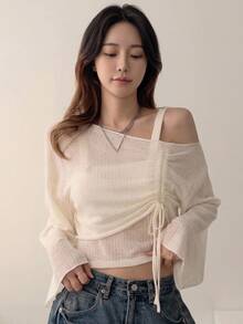 DAZY Women's Solid Color Asymmetric Shoulder Ruched Casual Everyday Long Sleeve T-Shirt Fall - White - View 1