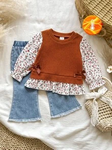 SHEIN 2pcs Baby Girl Light Brown Long Sleeve Floral Fabric Patchwork Fuzzy Knit Ribbed 2 In 1 Round Neck 3D Bow Ruffle Hem Top + Elastic Waist Washed Blue Denim Jeans Flared Pants Casual Retro Fashion Outfit Set, Suitable For Autumn/Winter Daily Wear And Versatile Styling - Multicolor - View 1