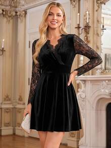Amorya Women's Elegant Fashion Lace Patchwork Dress - Black - View 2