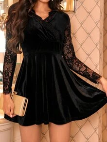 Amorya Women's Elegant Fashion Lace Patchwork Dress - Black - View 6