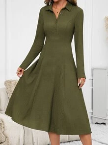 SHEIN Clasi Women's Half-Open Henley Collar Elastic Olive Green Long Sleeve A-Line Midi Dress Everyday Work Office Tea Party Fall Casual Elegant - Olive Green - View 4