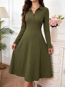 SHEIN Clasi Women's Half-Open Henley Collar Elastic Olive Green Long Sleeve A-Line Midi Dress Everyday Work Office Tea Party Fall Casual Elegant - Olive Green - View 2