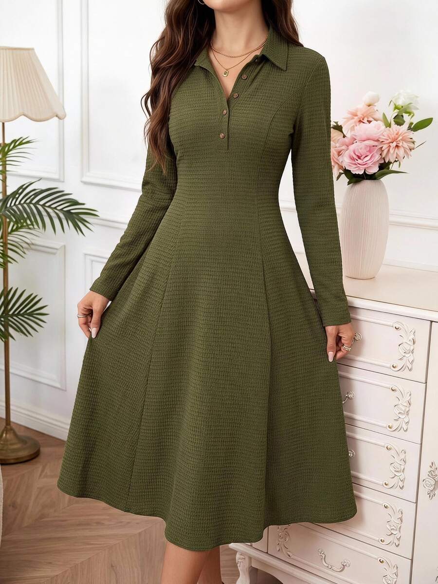 SHEIN Clasi Women's Half-Open Henley Collar Elastic Olive Green Long Sleeve A-Line Midi Dress Everyday Work Office Tea Party Fall Casual Elegant