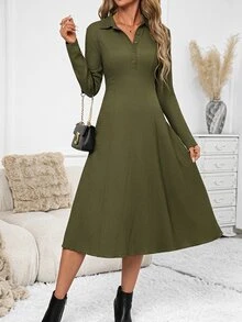 SHEIN Clasi Women's Half-Open Henley Collar Elastic Olive Green Long Sleeve A-Line Midi Dress Everyday Work Office Tea Party Fall Casual Elegant - Olive Green - View 7