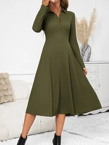 SHEIN Clasi Women's Half-Open Henley Collar Elastic Olive Green Long Sleeve A-Line Midi Dress Everyday Work Office Tea Party Fall Casual Elegant - Olive Green - View 5