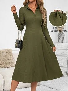 SHEIN Clasi Women's Half-Open Henley Collar Elastic Olive Green Long Sleeve A-Line Midi Dress Everyday Work Office Tea Party Fall Casual Elegant - Olive Green - View 9