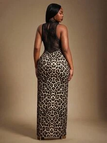 Radiana Women's Multicolor Plus Size Leopard Print Sleeveless Knitted Fabric Bodycon Maxi Dress With Stand Collar - Multicolor - View 4
