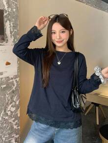 DAZY Women's Casual Loose Lace Patchwork Drop Shoulder Round Neck Long Sleeve T-Shirt,Fall Clothes Cute Tops - Blue - View 10