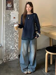 DAZY Women's Casual Loose Lace Patchwork Drop Shoulder Round Neck Long Sleeve T-Shirt,Fall Clothes Cute Tops - Blue - View 13