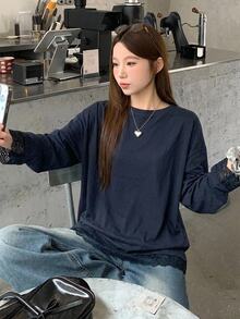 DAZY Women's Casual Loose Lace Patchwork Drop Shoulder Round Neck Long Sleeve T-Shirt,Fall Clothes Cute Tops - Blue - View 11