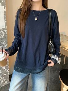 DAZY Women's Casual Loose Lace Patchwork Drop Shoulder Round Neck Long Sleeve T-Shirt,Fall Clothes Cute Tops - Blue - View 12