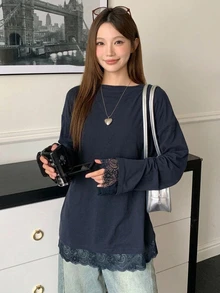 DAZY Women's Casual Loose Lace Patchwork Drop Shoulder Round Neck Long Sleeve T-Shirt,Fall Clothes Cute Tops - Blue - View 1