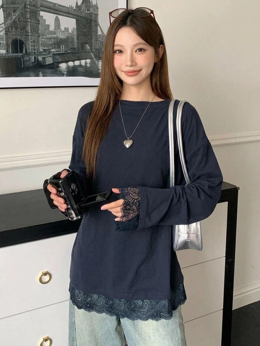 DAZY Women's Casual Loose Lace Patchwork Drop Shoulder Round Neck Long Sleeve T-Shirt,Fall Clothes Cute Tops - Blue - View 1