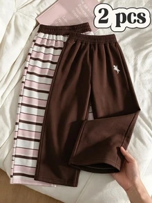 SHEIN 2件組女童幼兒簡單粉色與白色條紋長褲及棕色長褲，寬鬆寬腿褲，適合秋季日常上學穿著 - 彩色 - 查看 5