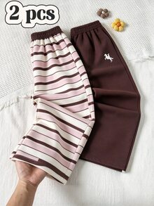 SHEIN 2件組女童幼兒簡單粉色與白色條紋長褲及棕色長褲，寬鬆寬腿褲，適合秋季日常上學穿著 - 彩色 - 查看 1