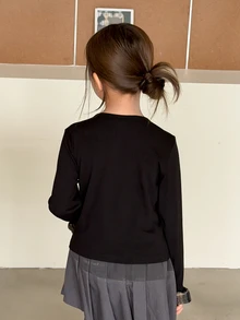 DAZY Tween Girl Bow Decor Casual Daily Long Sleeve T-Shirt - Black - View 2