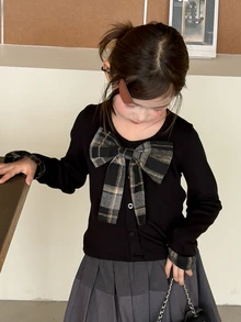 DAZY Tween Girl Bow Decor Casual Daily Long Sleeve T-Shirt - Black - View 5