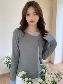 DAZY Women's Contrast Color Long Sleeve 2 In 1 Oblique Collar Round Neck Butterfly T-Shirt,Fall Clothes - Grey - View 4