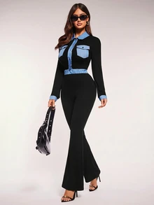 Radiana Women's Contrast Color Button Half Placket Long Sleeve Pocket Design Casual Jumpsuit,Spring To Summer, - Black - View 5