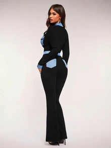Radiana Women's Contrast Color Button Half Placket Long Sleeve Pocket Design Casual Jumpsuit,Spring To Summer, - Black - View 4