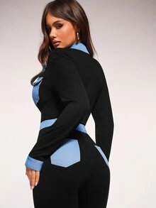 Radiana Women's Contrast Color Button Half Placket Long Sleeve Pocket Design Casual Jumpsuit,Spring To Summer, - Black - View 6