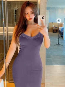DAZY Elegant Solid Color Lace Trim Fitted Cami Dress, Summer Elegant Sundress Maxi Dress - Red Violet - View 3