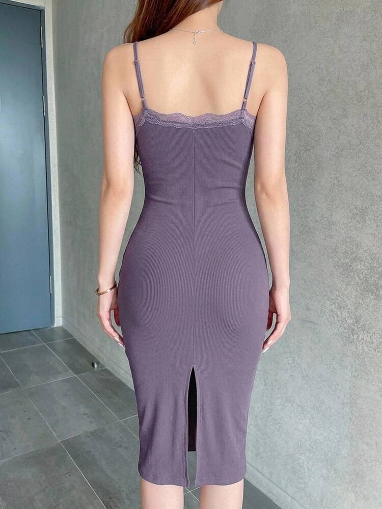 DAZY Elegant Solid Color Lace Trim Fitted Cami Dress, Summer Elegant Sundress Maxi Dress - Red Violet - View 6