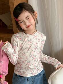 DAZY Tween Girl Floral Print Round Neck Long Sleeve Casual T-Shirt - Beige - View 1
