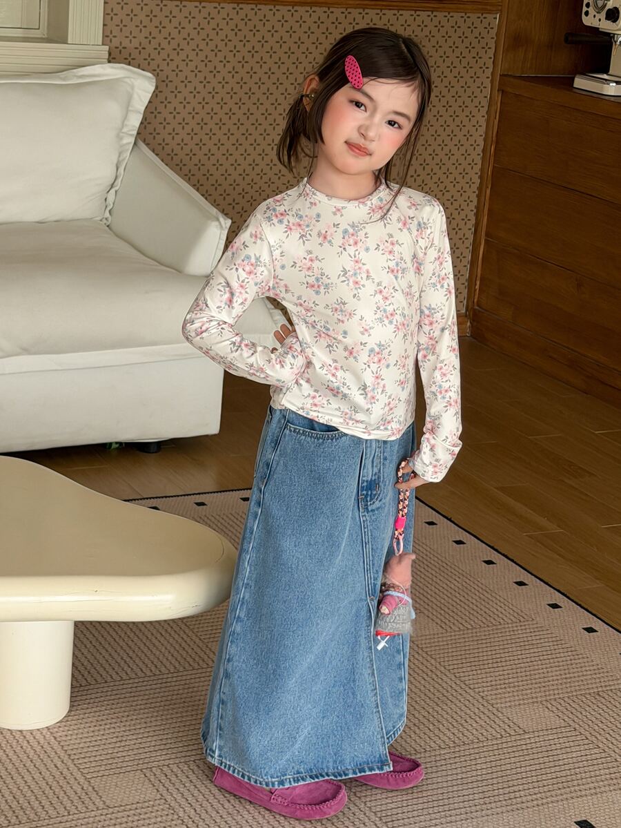 DAZY Tween Girl Floral Print Round Neck Long Sleeve Casual T-Shirt - Beige - View 1