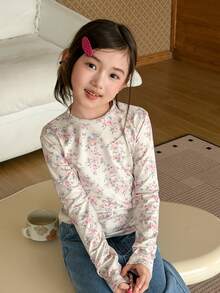DAZY Tween Girl Floral Print Round Neck Long Sleeve Casual T-Shirt - Beige - View 6
