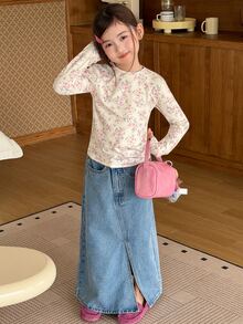DAZY Tween Girl Floral Print Round Neck Long Sleeve Casual T-Shirt - Beige - View 4