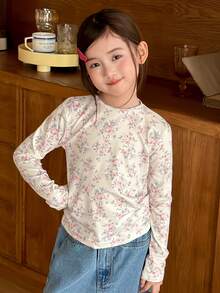 DAZY Tween Girl Floral Print Round Neck Long Sleeve Casual T-Shirt - Beige - View 2