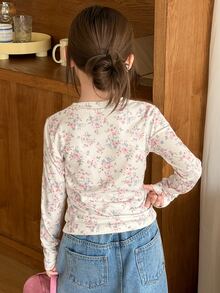 DAZY Tween Girl Floral Print Round Neck Long Sleeve Casual T-Shirt - Beige - View 3