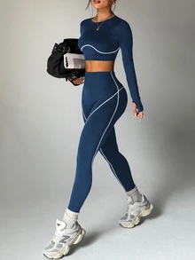 SHEIN Sports 2件組女款無縫拼接色塊線條圓領長袖拇指孔寬腰帶跑步健身運動戶外短款運動緊身褲套裝 - 藏蓝色 - 查看 6
