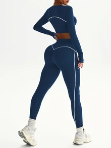 SHEIN Sports 2件組女款無縫拼接色塊線條圓領長袖拇指孔寬腰帶跑步健身運動戶外短款運動緊身褲套裝 - 藏蓝色 - 查看 5