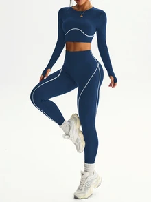 SHEIN Sports 2件組女款無縫拼接色塊線條圓領長袖拇指孔寬腰帶跑步健身運動戶外短款運動緊身褲套裝 - 藏蓝色 - 查看 4
