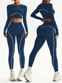 SHEIN Sports 2件組女款無縫拼接色塊線條圓領長袖拇指孔寬腰帶跑步健身運動戶外短款運動緊身褲套裝 - 藏蓝色 - 查看 3