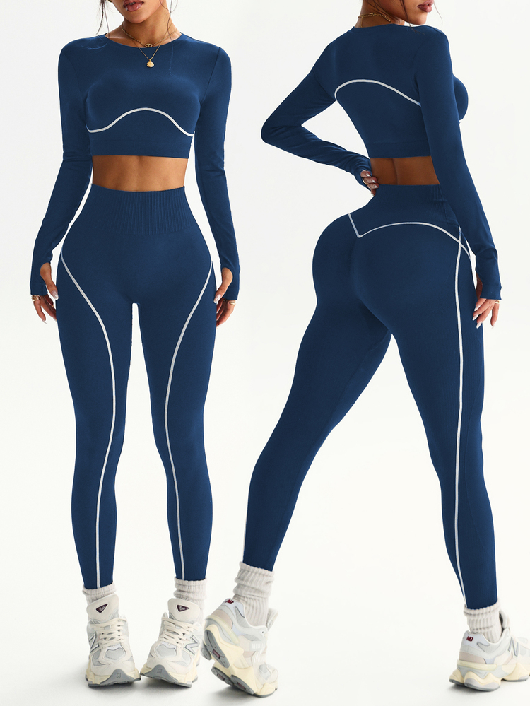 SHEIN Sports 2pcs Women's Seamless Colorblock Line Crew Neck Long Sleeve Thumb Hole Wide Waistband Running Fitness Workout Outdoor Cropped Length Sports Leggings Set - Navy Blue - View 3