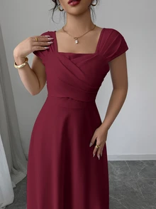 Modelyn High Waist Draped Swing Casual Tea Length Gown Elegant Modest Smart Casual Chic Seaside Lakeside Sightseeing Outing Vacation - Burgundy - View 7