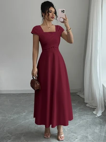 Modelyn High Waist Draped Swing Casual Tea Length Gown Elegant Modest Smart Casual Chic Seaside Lakeside Sightseeing Outing Vacation - Burgundy - View 5