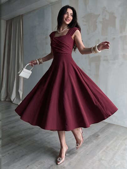 Modelyn High Waist Draped Swing Casual Tea Length Gown Elegant Modest Smart Casual Chic Seaside Lakeside Sightseeing Outing Vacation